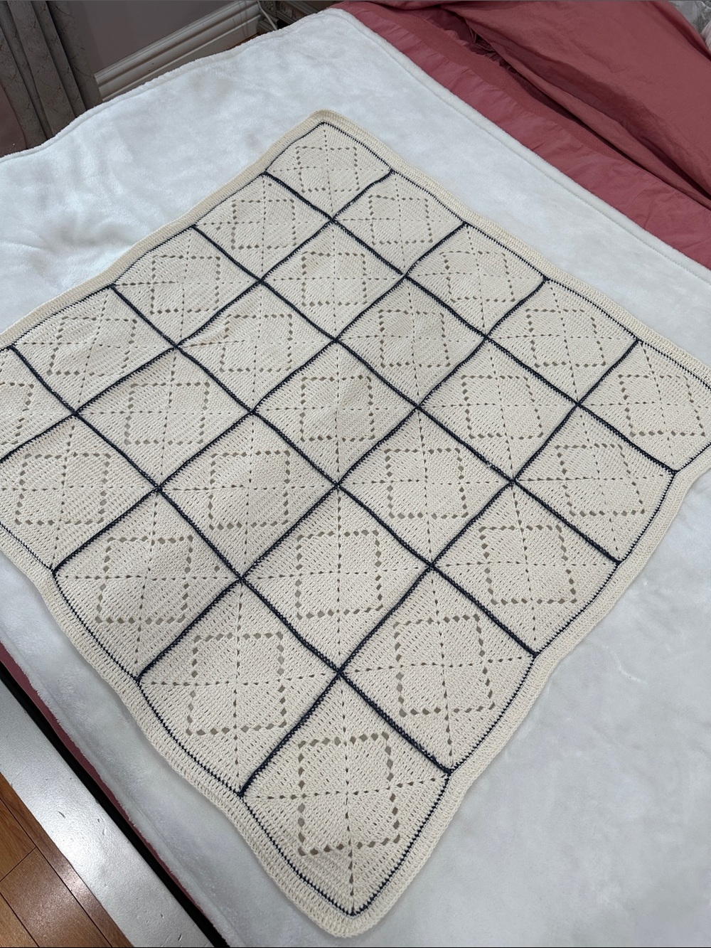 Cream Knit Baby Blanket with Navy Trim